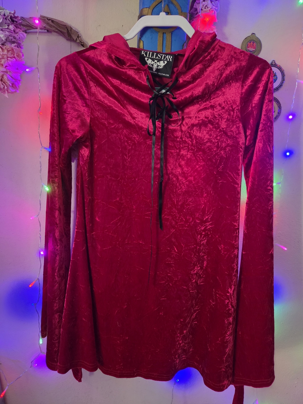 Dolls Kill Crushed Velvet Lace-Up Hooded Dress in Ruby